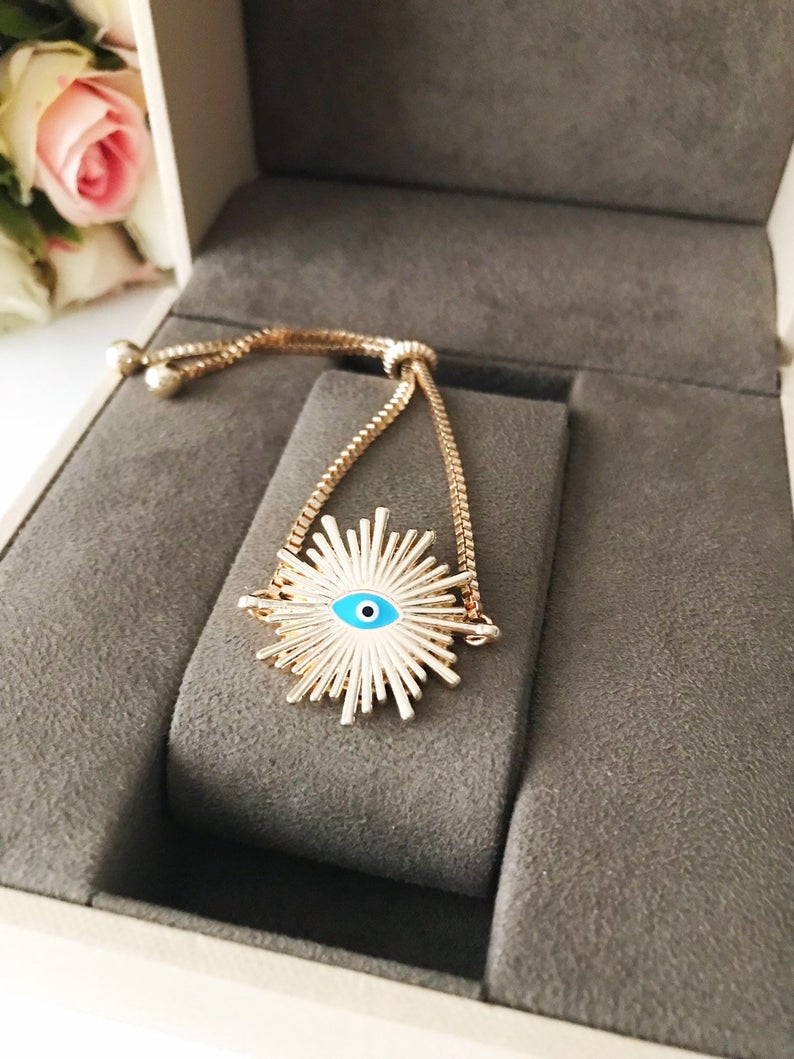 Greek Evil Eye Bracelet, Sun Charm Bracelet, Adjustable Gold Bracelet