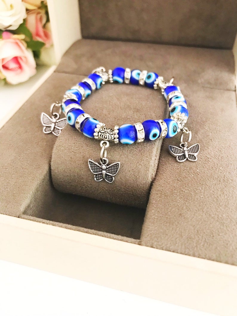 Evil Eye Stretch Bracelet, Butterfly Charm Bracelet