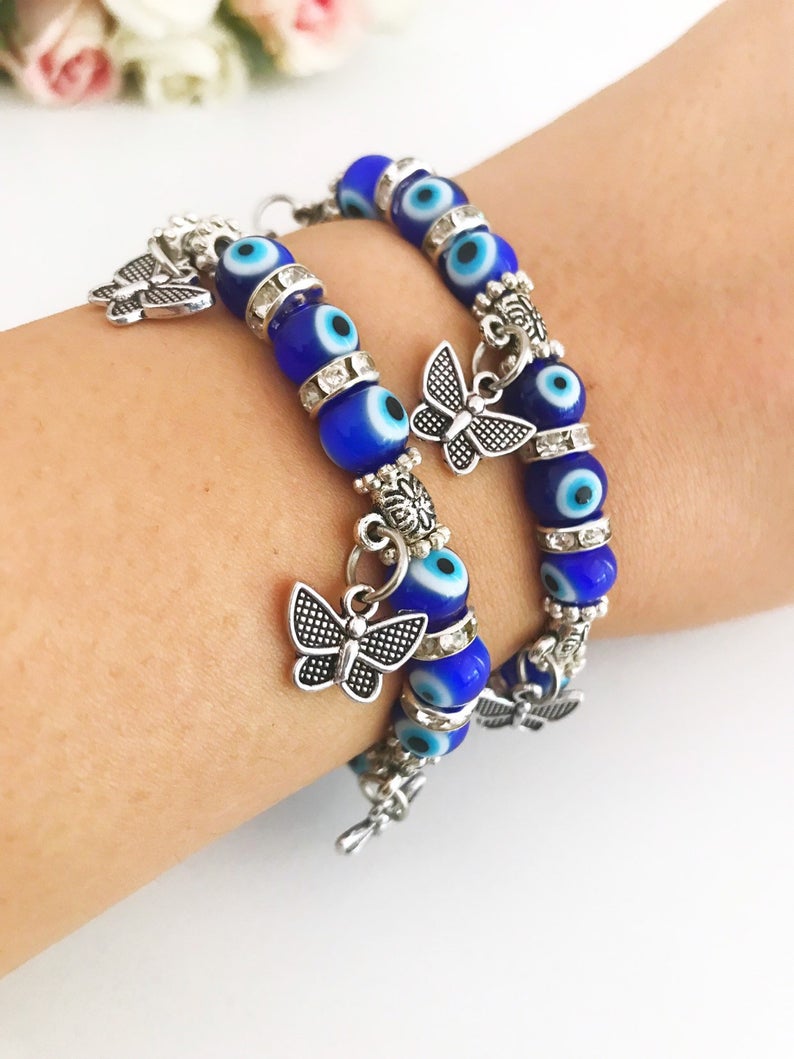 Evil Eye Stretch Bracelet, Butterfly Charm Bracelet