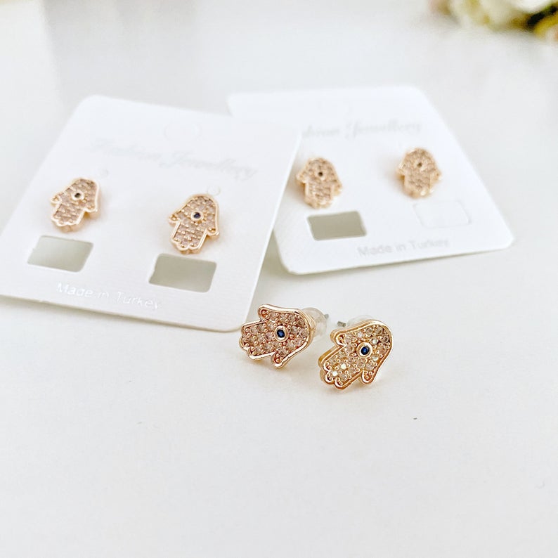 Hamsa Earrings, Hamsa Hand Stud Earrings, Evil Eye Earring, Zircon