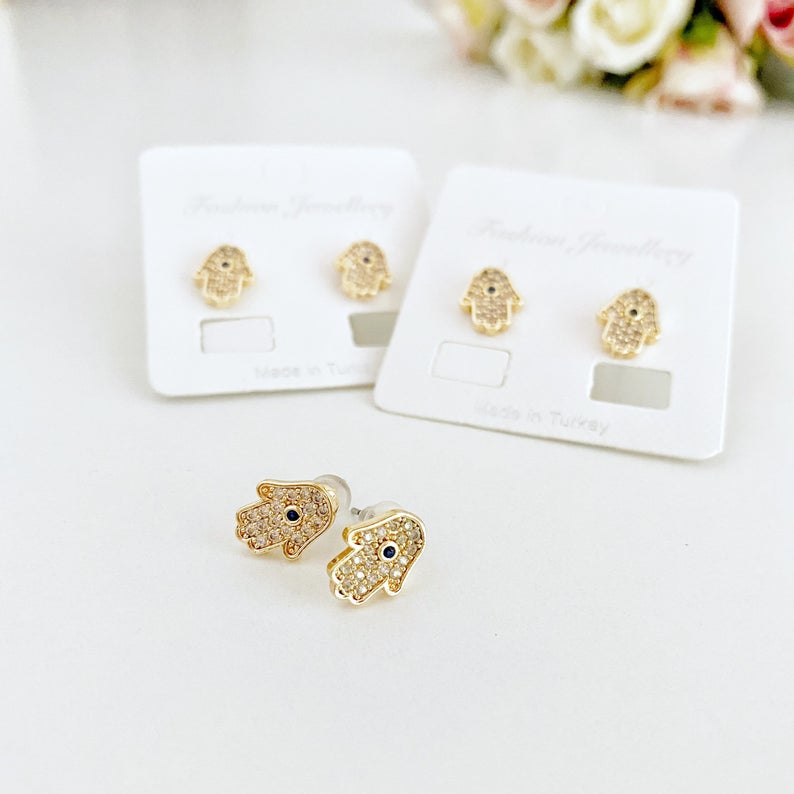 Hamsa Earrings, Hamsa Hand Stud Earrings, Evil Eye Earring, Zircon