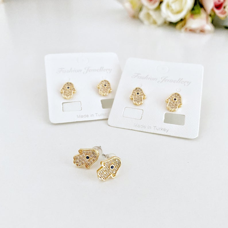 Hamsa Earrings, Hamsa Hand Stud Earrings, Evil Eye Earring, Zircon