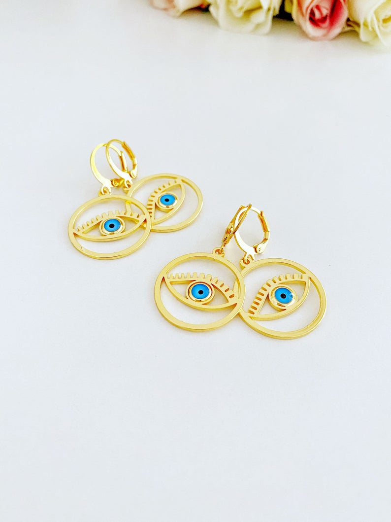 Gold Evil Eye Hoop Earrings, Evil Eye Hoop, Greek Evil Eye