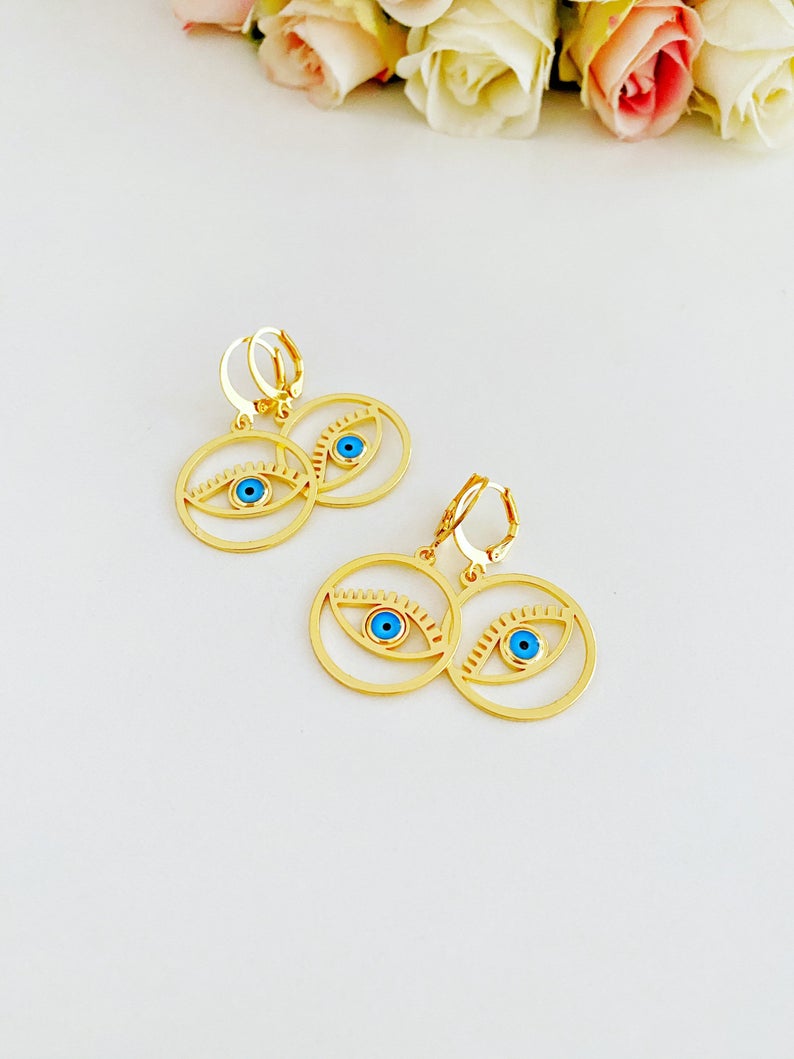 Gold Evil Eye Hoop Earrings, Evil Eye Hoop, Greek Evil Eye