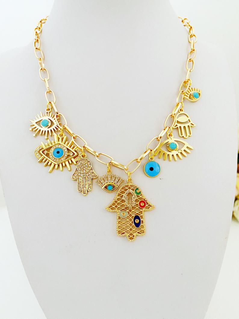 Gold Chain Necklace, Evil Eye Necklace, Chunky Chain Necklace, Hamsa