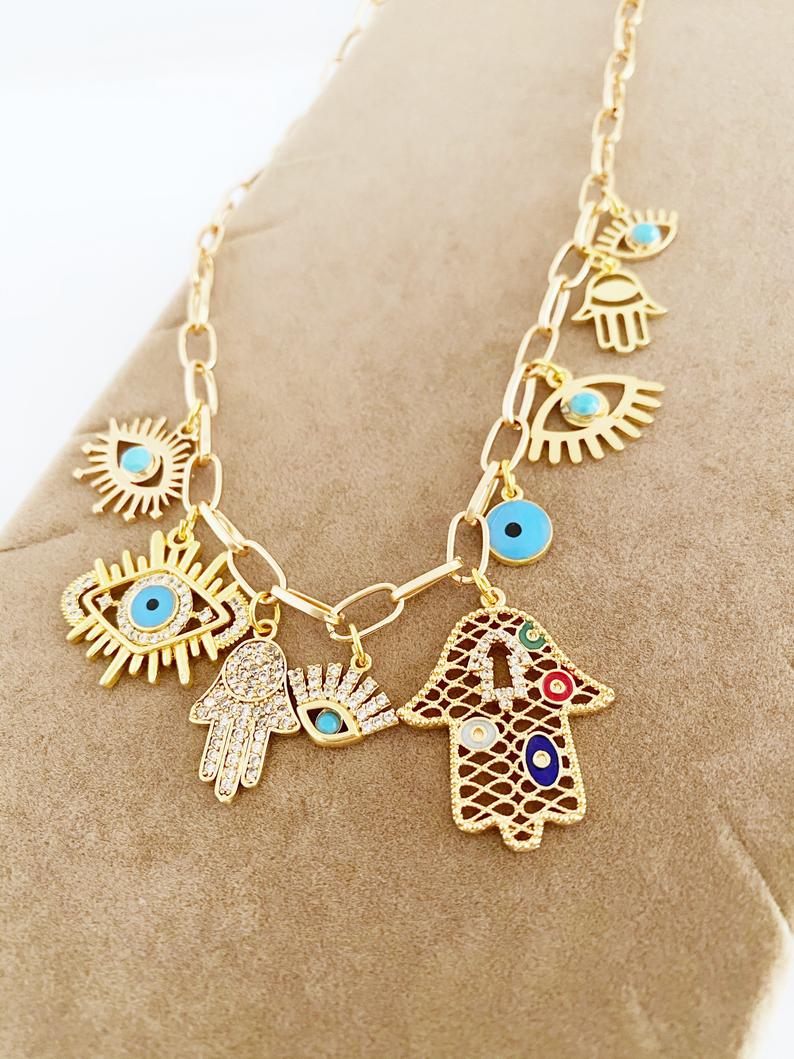 Gold Chain Necklace, Evil Eye Necklace, Chunky Chain Necklace, Hamsa