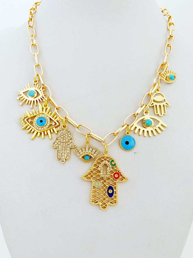 Gold Chain Necklace, Evil Eye Necklace, Chunky Chain Necklace, Hamsa