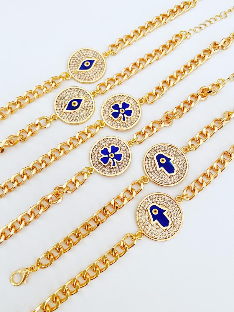 Lucky Evil Eye Bracelet, Gold Link Chain Bracelet