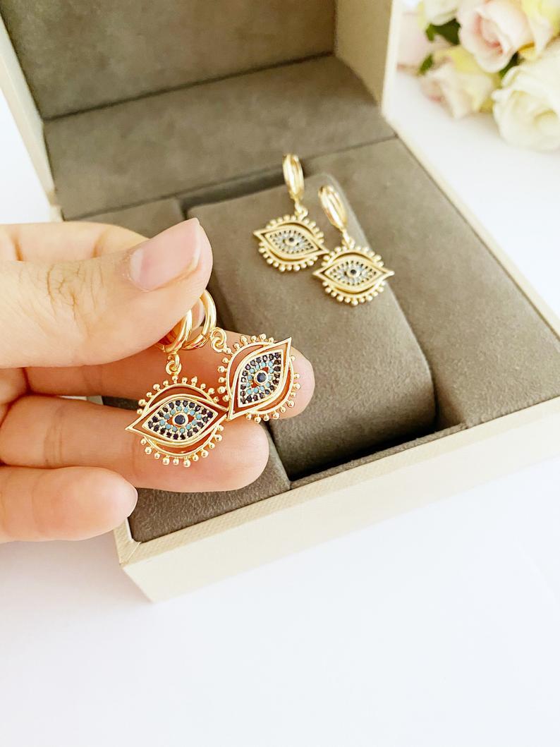 Evil eye hoop earrings, gold evil eye earrings, dangle earrings