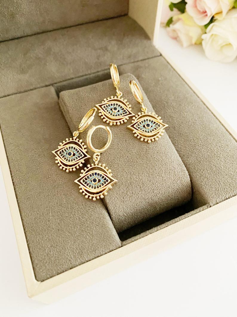 Evil eye hoop earrings, gold evil eye earrings, dangle earrings