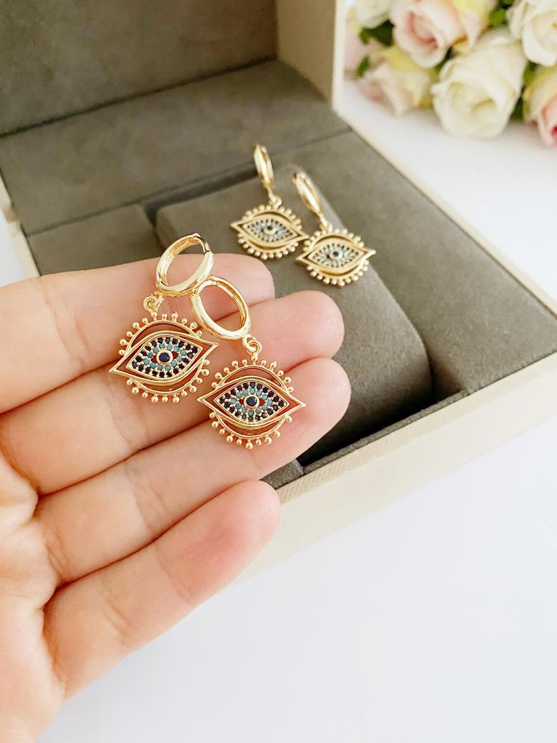 Evil eye hoop earrings, gold evil eye earrings, dangle earrings