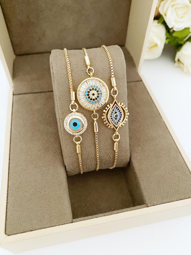 Evil Eye Bracelet, Adjustable Bracelet, CZ Bracelet