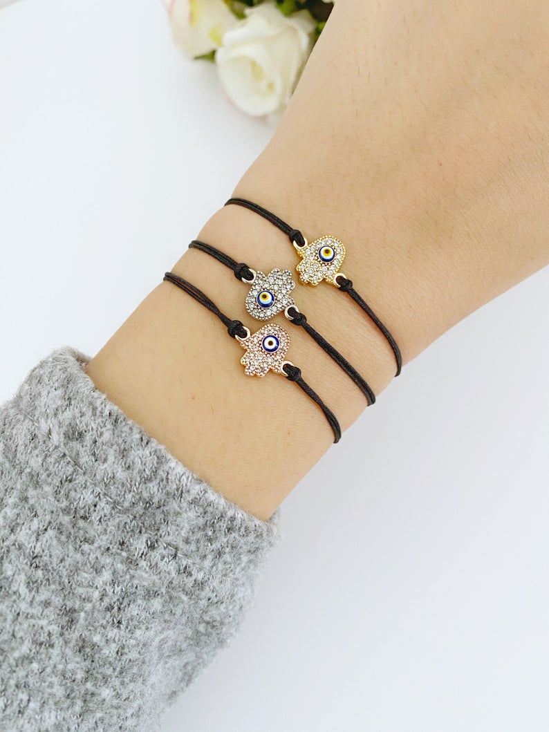 Evil eye bracelet, hamsa charm bracelet, evil eye beads, black string