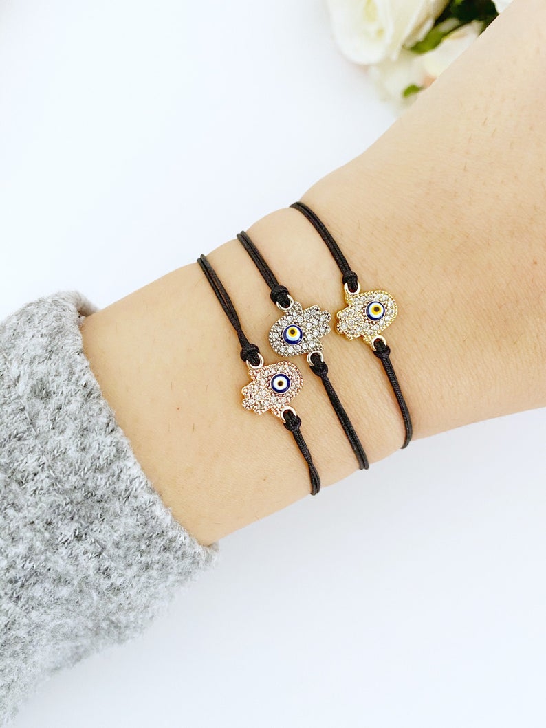 Evil eye bracelet, hamsa charm bracelet, evil eye beads, black string