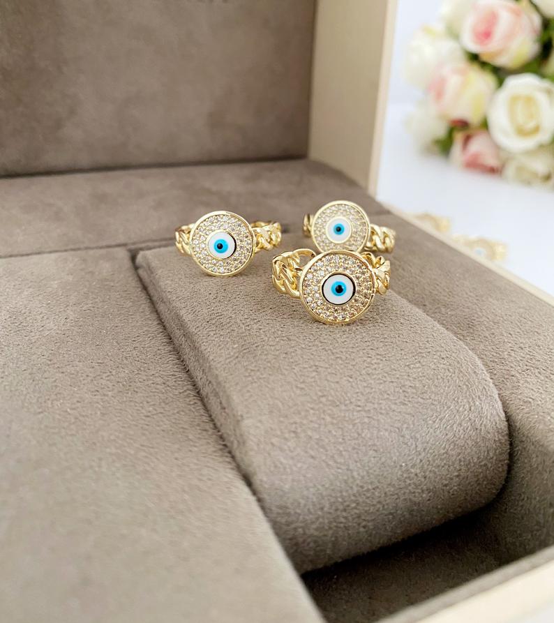 Gold Evil Eye Ring, Curb Chain Ring, Zircon Charm Ring