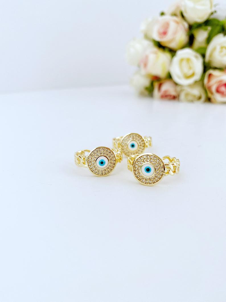 Gold Evil Eye Ring, Curb Chain Ring, Zircon Charm Ring