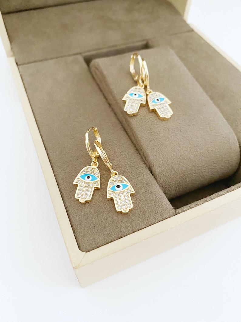 Hamsa Evil Eye Earrings, Gold Hoop Earrings, Hamsa Hand Charm, Hamsa