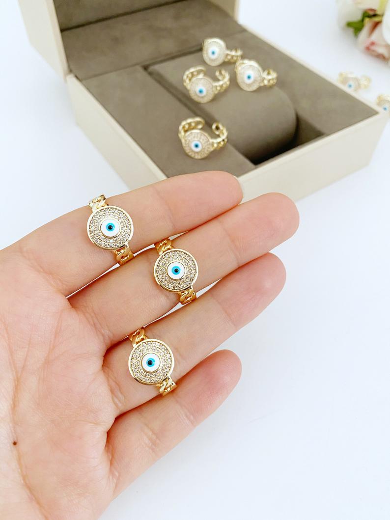 Gold Evil Eye Ring, Curb Chain Ring, Zircon Charm Ring