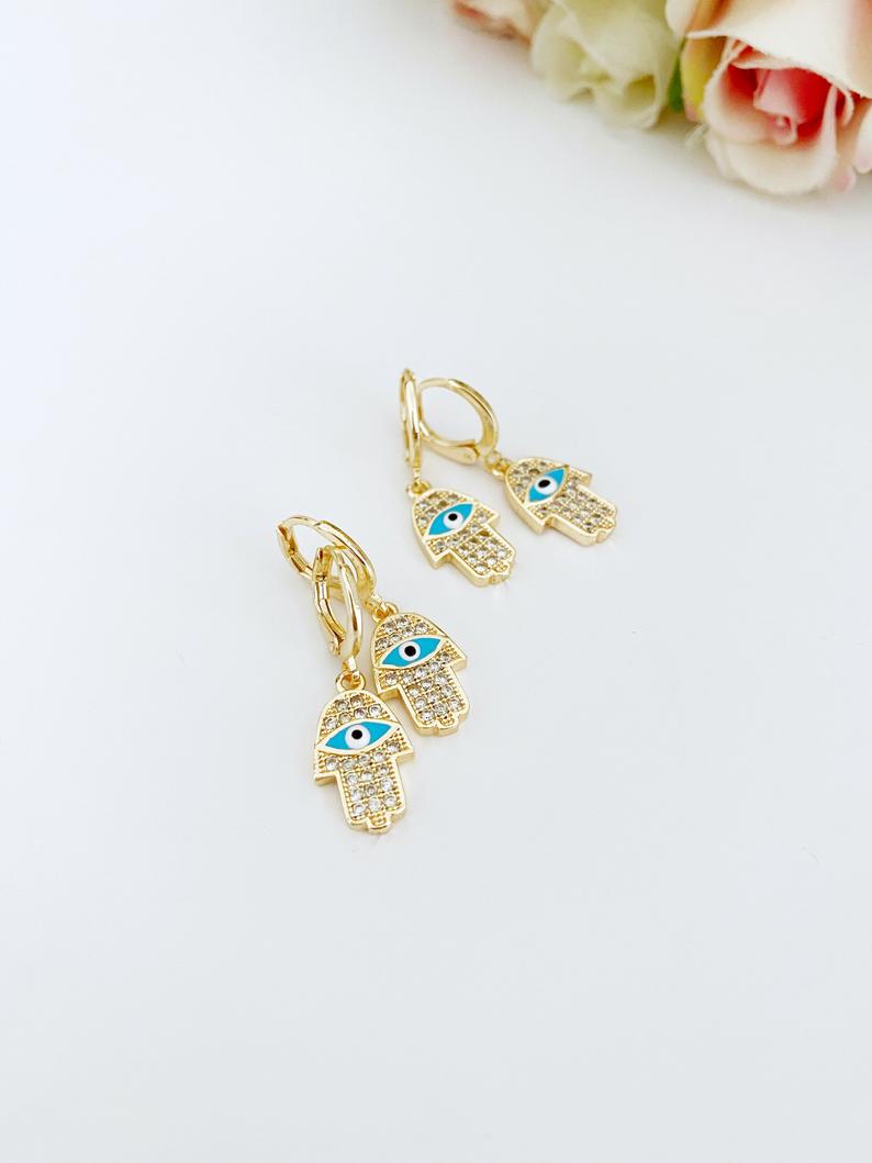 Hamsa Evil Eye Earrings, Gold Hoop Earrings, Hamsa Hand Charm, Hamsa