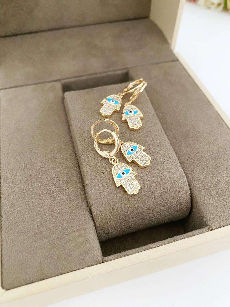 Hamsa Evil Eye Earrings, Gold Hoop Earrings, Hamsa Hand Charm, Hamsa