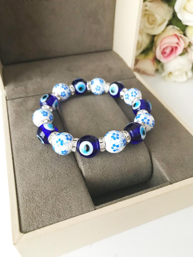 Blue Evil Eye Bracelet, Summer Evil Eye Jewelry, Glass Evil Eye Beaded