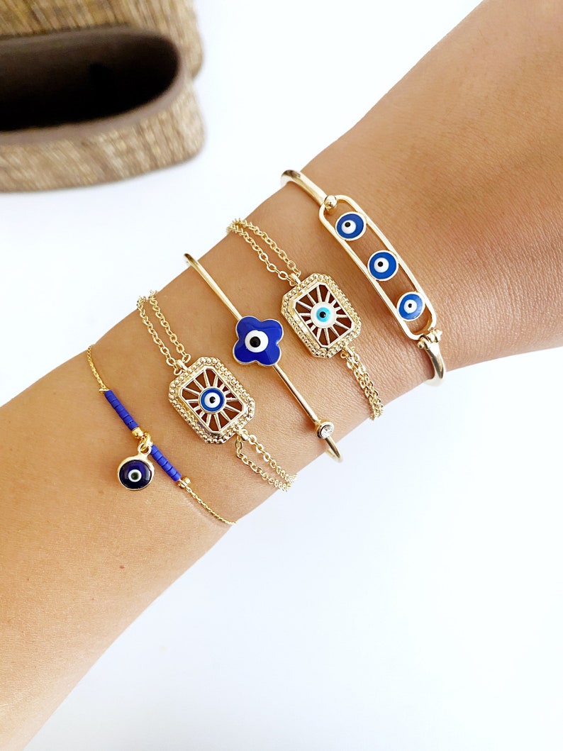 Blue Greek Evil Eye Bracelet, Gold Adjustable Bracelet , Clover Sun