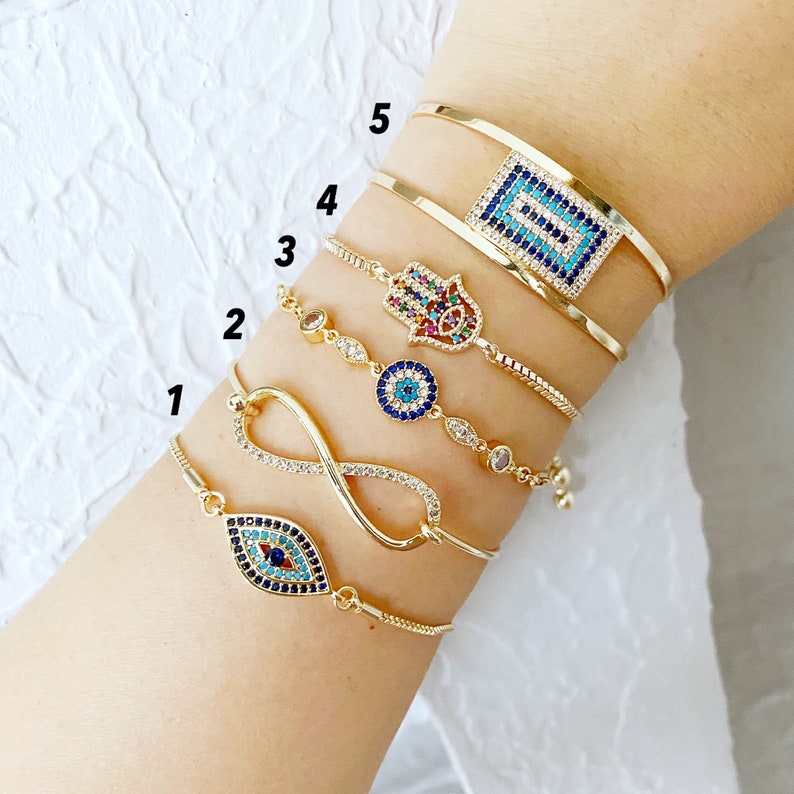 Gold Evil Eye Bracelet, Turkish Evil Eye Jewelry, Cuff Chain