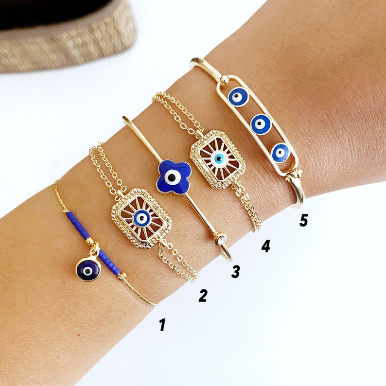 Blue Greek Evil Eye Bracelet, Gold Adjustable Bracelet , Clover Sun