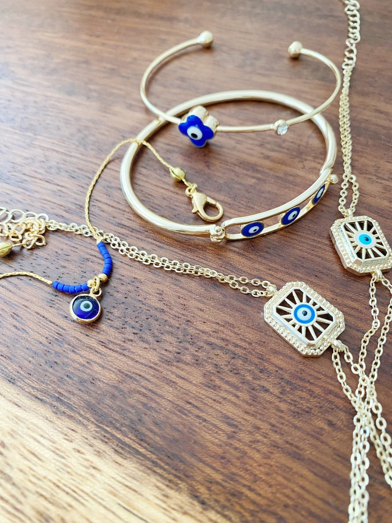 Blue Greek Evil Eye Bracelet, Gold Adjustable Bracelet , Clover Sun