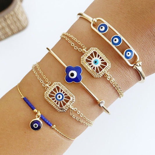 Blue Greek Evil Eye Bracelet, Gold Adjustable Bracelet , Clover Sun