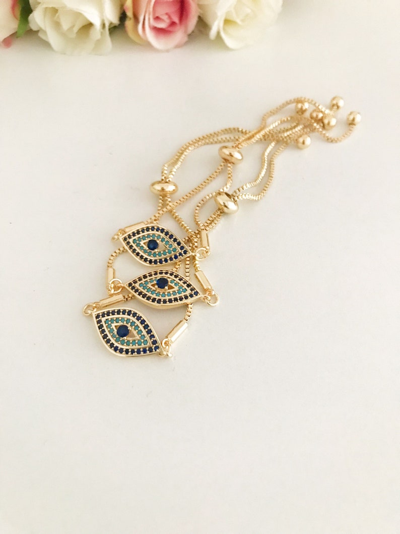 Gold Evil Eye Bracelet, Turkish Evil Eye Jewelry, Cuff Chain
