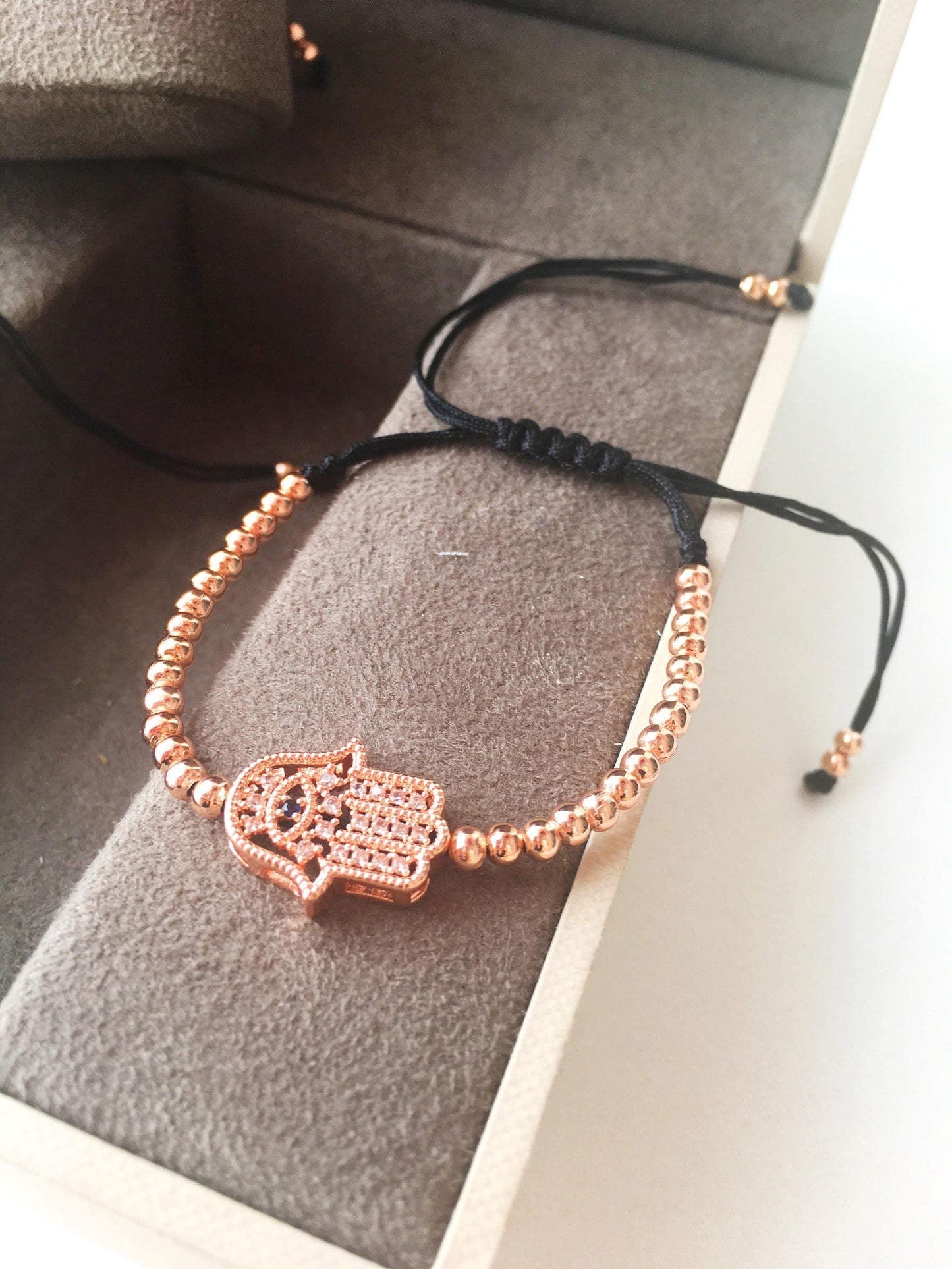 Hamsa Hand Bracelet, Adjustable Lucky Bracelet, Rose Gold Silver