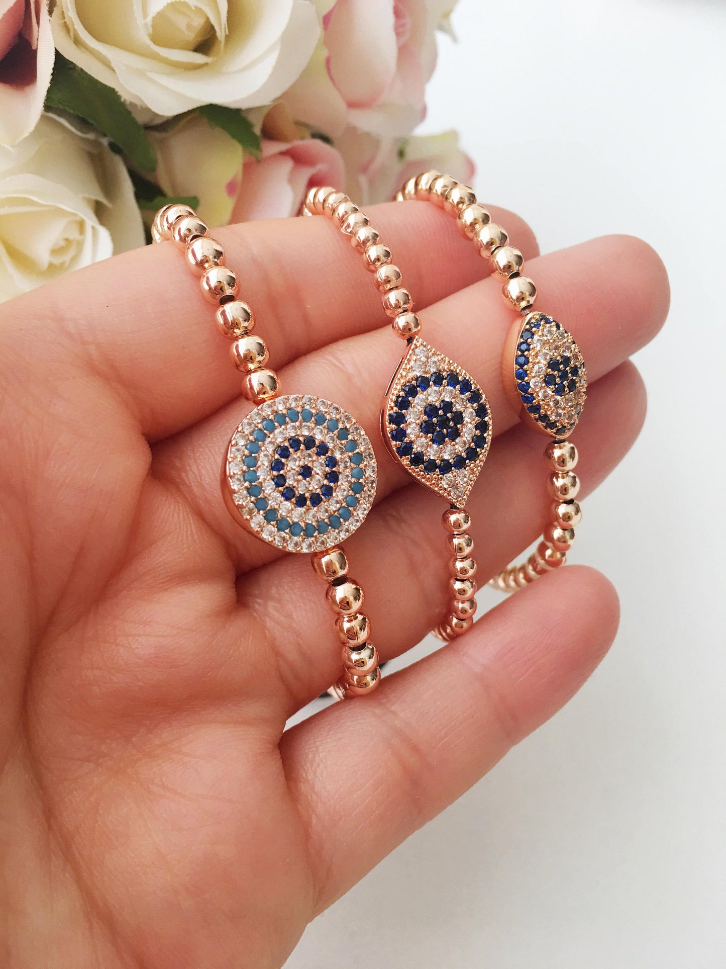 Evil Eye Beaded Bracelet, Rose Gold Adjustable Bracelet