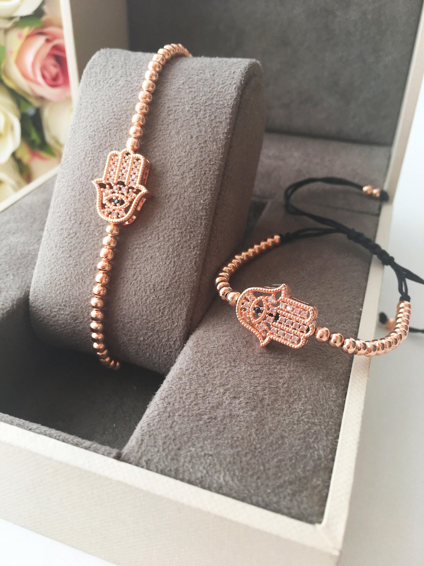 Hamsa Hand Bracelet, Adjustable Lucky Bracelet, Rose Gold Silver