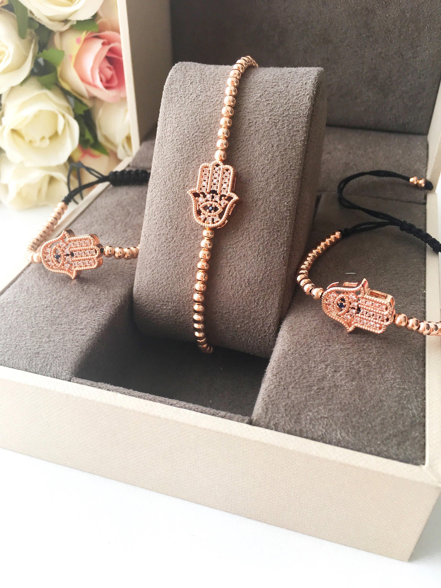 Hamsa Hand Bracelet, Adjustable Lucky Bracelet, Rose Gold Silver