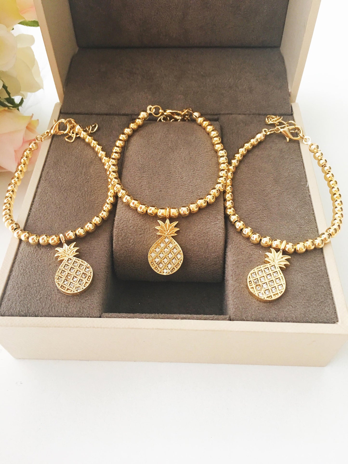 Pineapple Charm bracelet, Gold Beaded Bracelet, Summer Jewelry