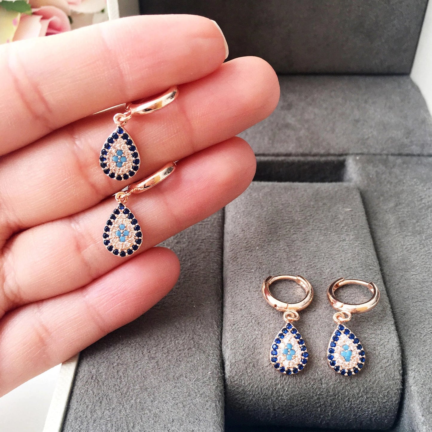 Teardrop Evil Eye Hoop Earrings