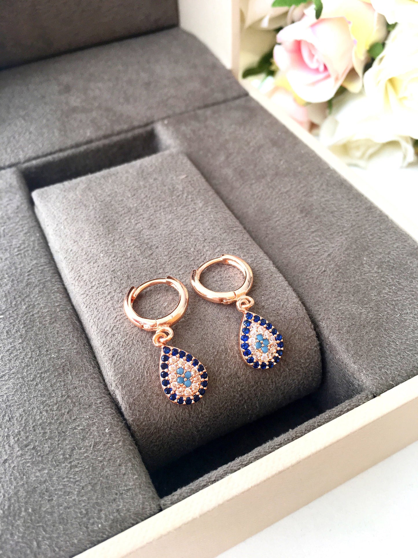 Teardrop Evil Eye Hoop Earrings