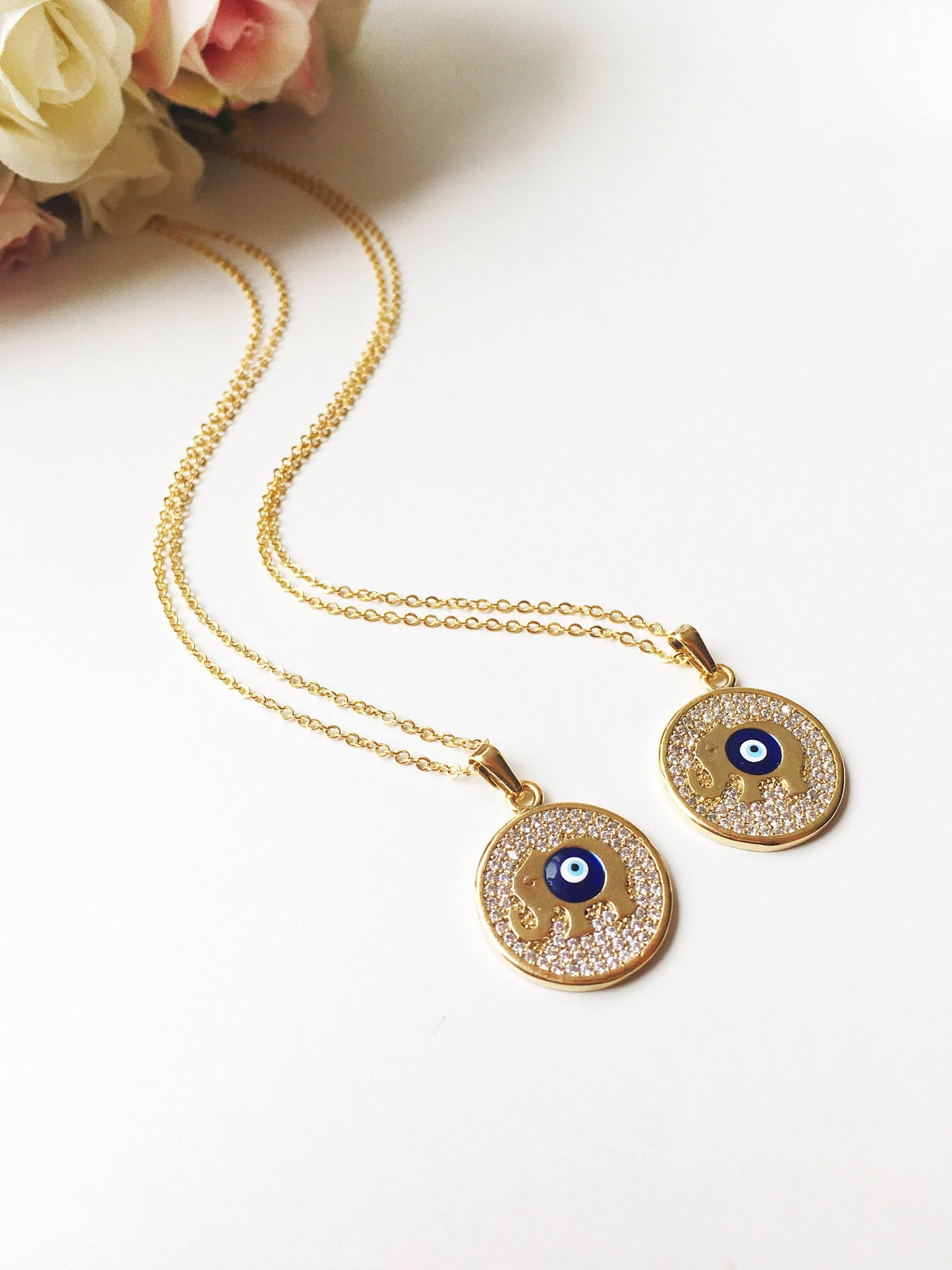 Zircon Evil Eye Necklace with Elephant, Lucky Necklace