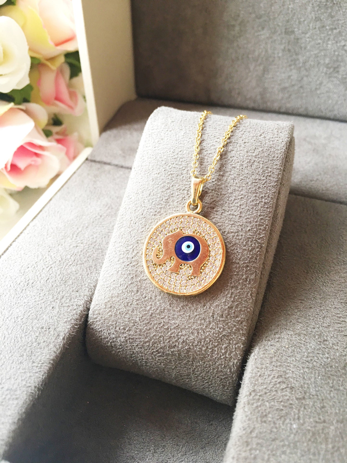 Zircon Evil Eye Necklace with Elephant, Lucky Necklace