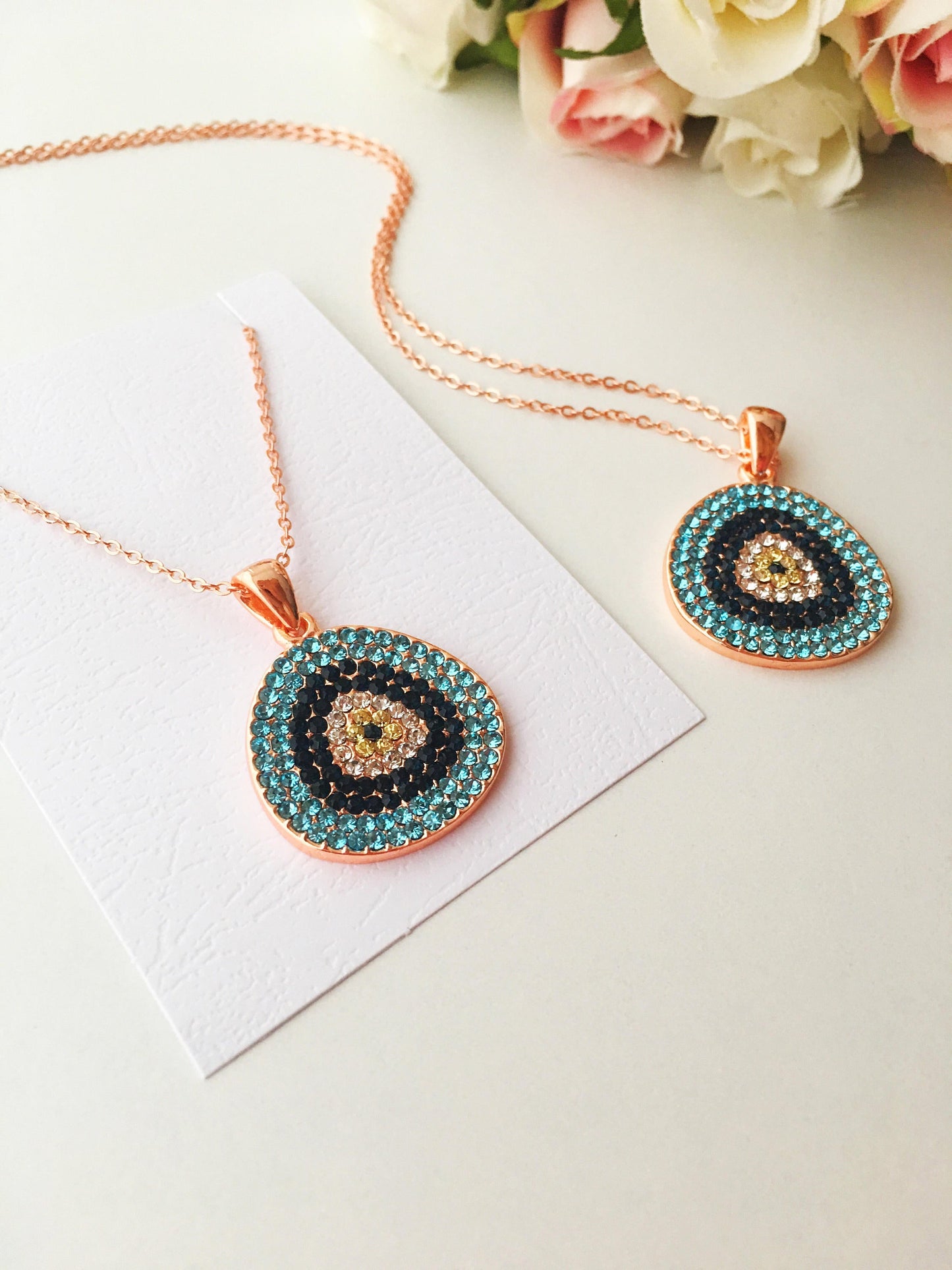 Evil eye necklace, rose gold necklace, evil eye jewelry, zirconia