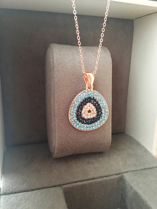 Evil eye necklace, rose gold necklace, evil eye jewelry, zirconia