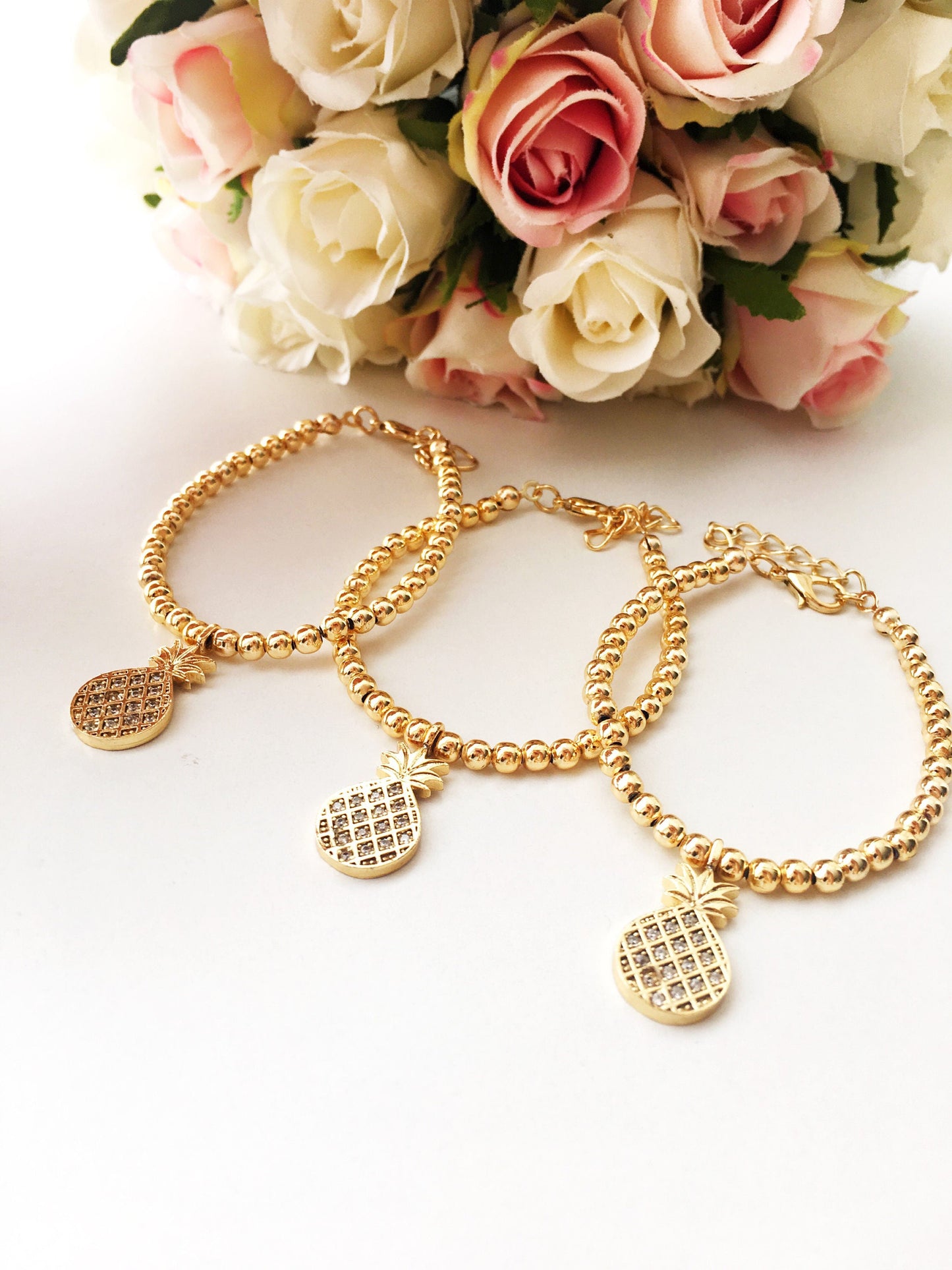 Pineapple Charm bracelet, Gold Beaded Bracelet, Summer Jewelry