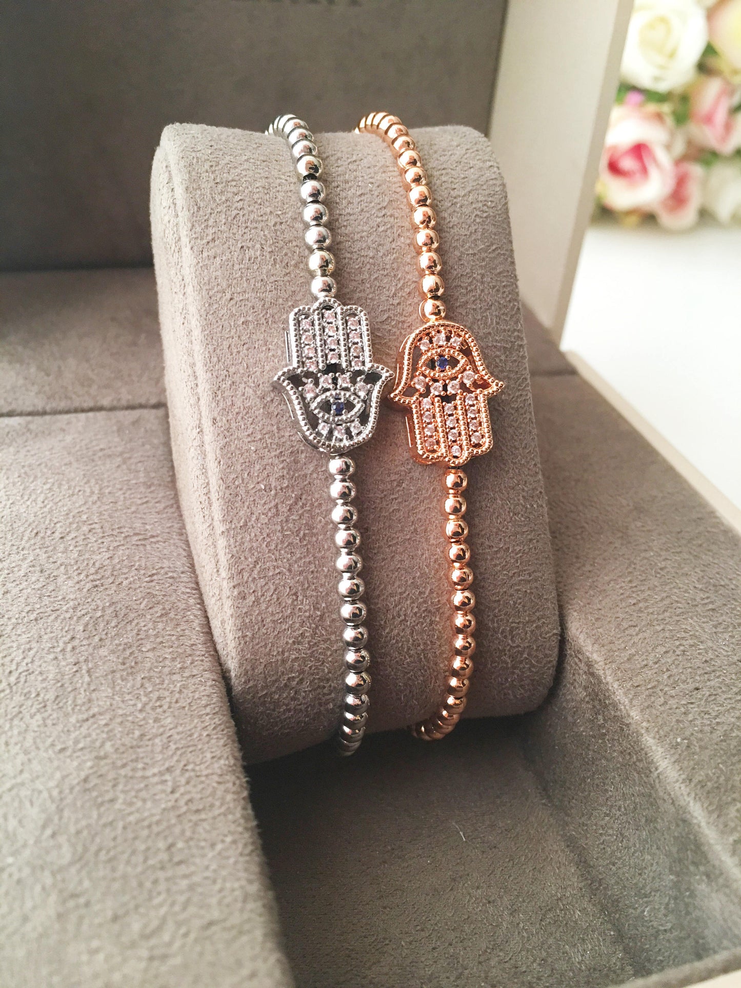 Hamsa Hand Bracelet, Adjustable Lucky Bracelet, Rose Gold Silver