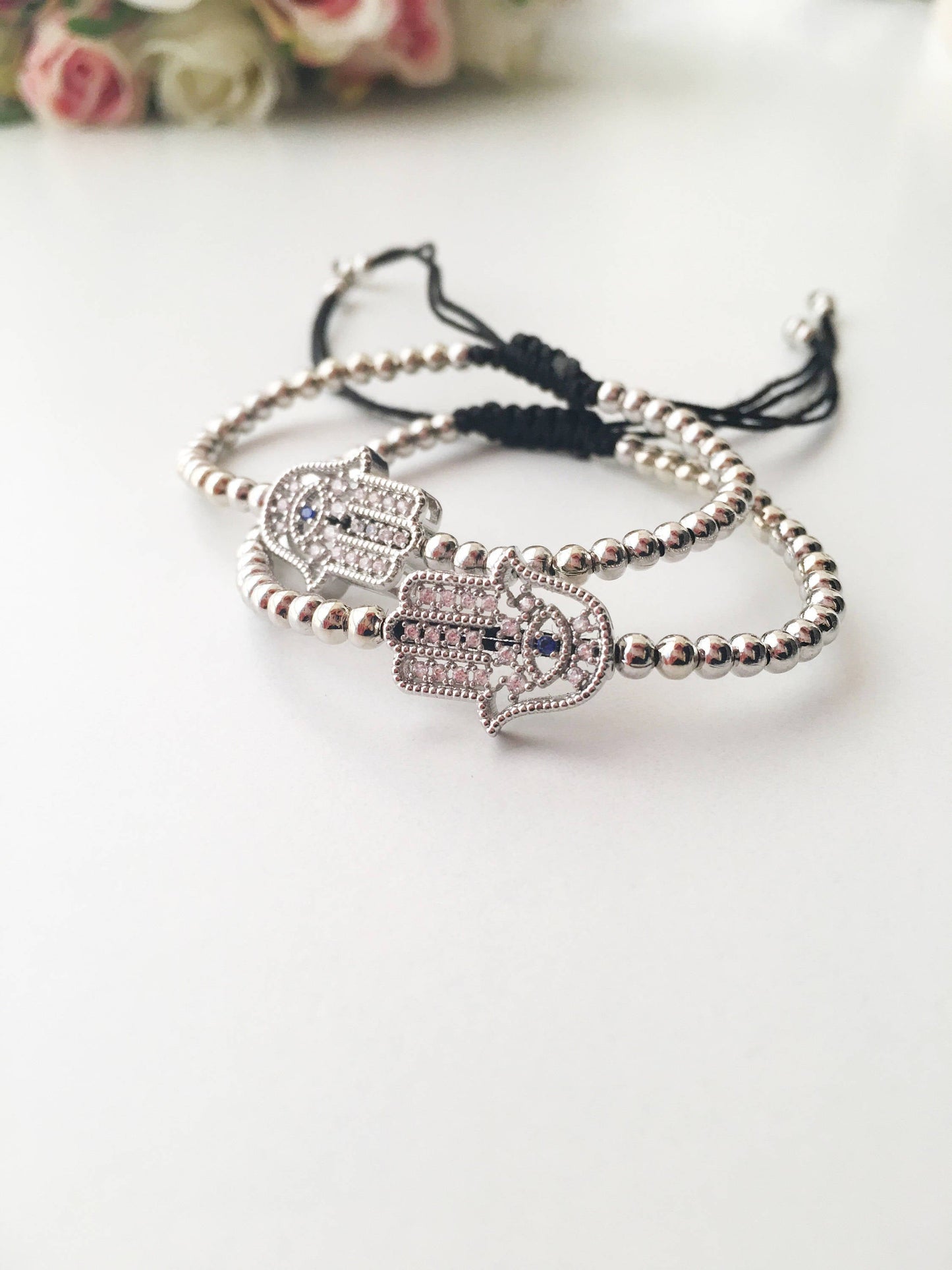 Hamsa Hand Bracelet, Adjustable Lucky Bracelet, Rose Gold Silver