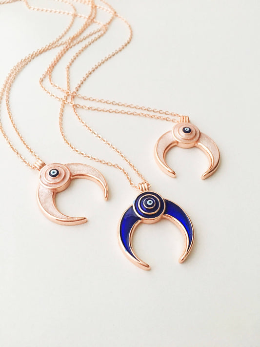 Double Horn necklace, Evil Eye necklace, Crescent Moon necklace