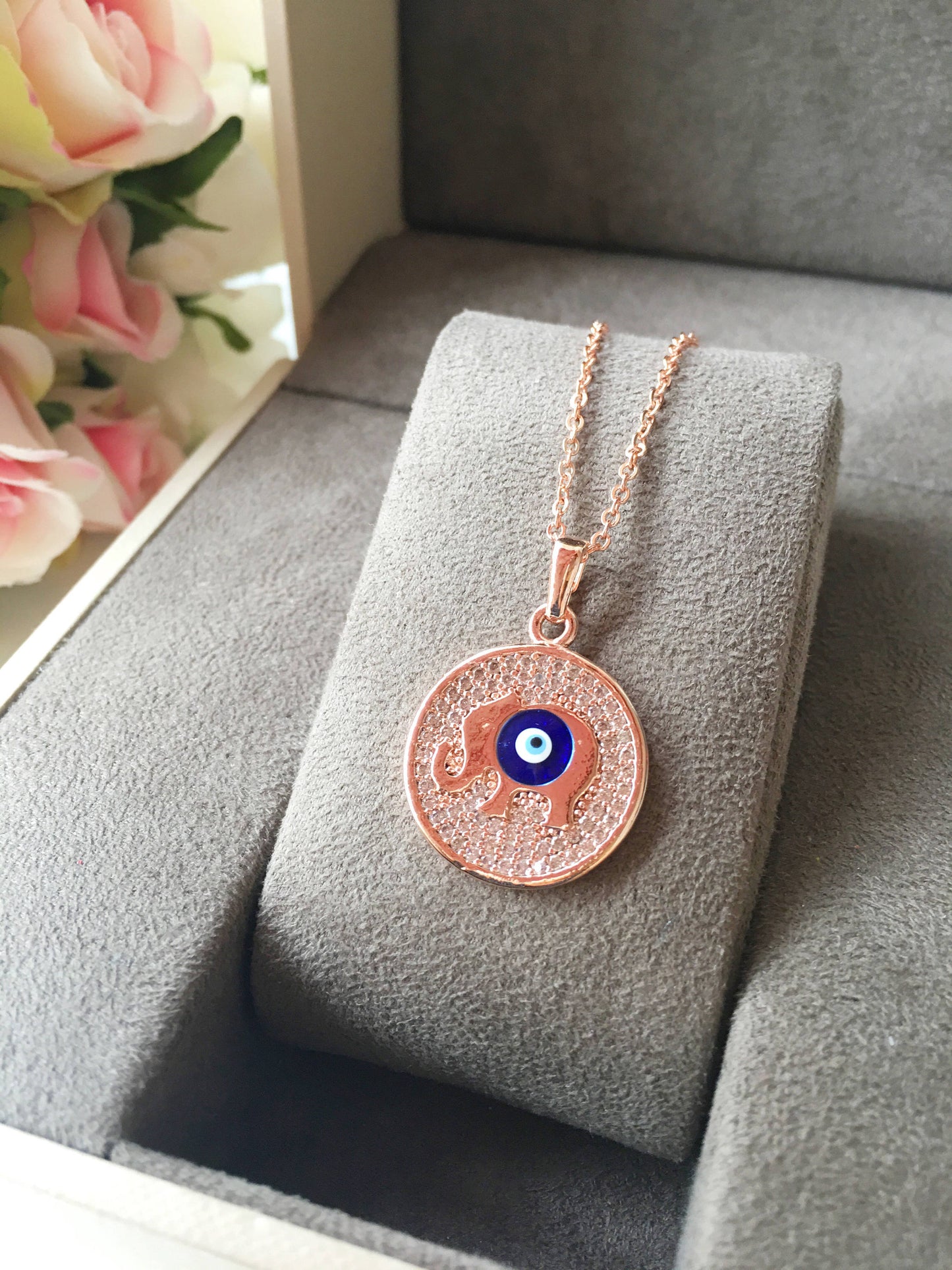 Zircon Evil Eye Necklace with Elephant, Lucky Necklace