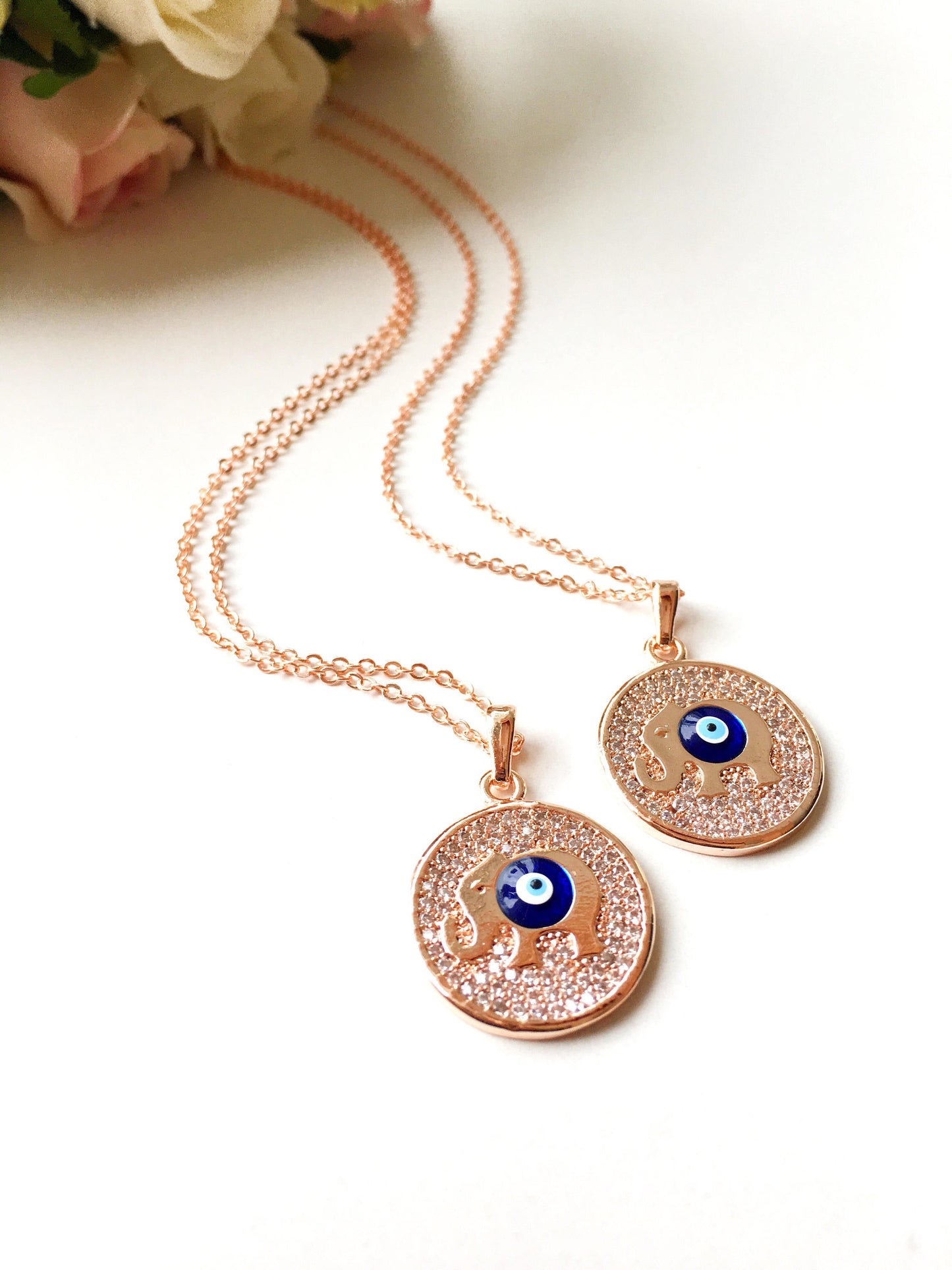 Zircon Evil Eye Necklace with Elephant, Lucky Necklace