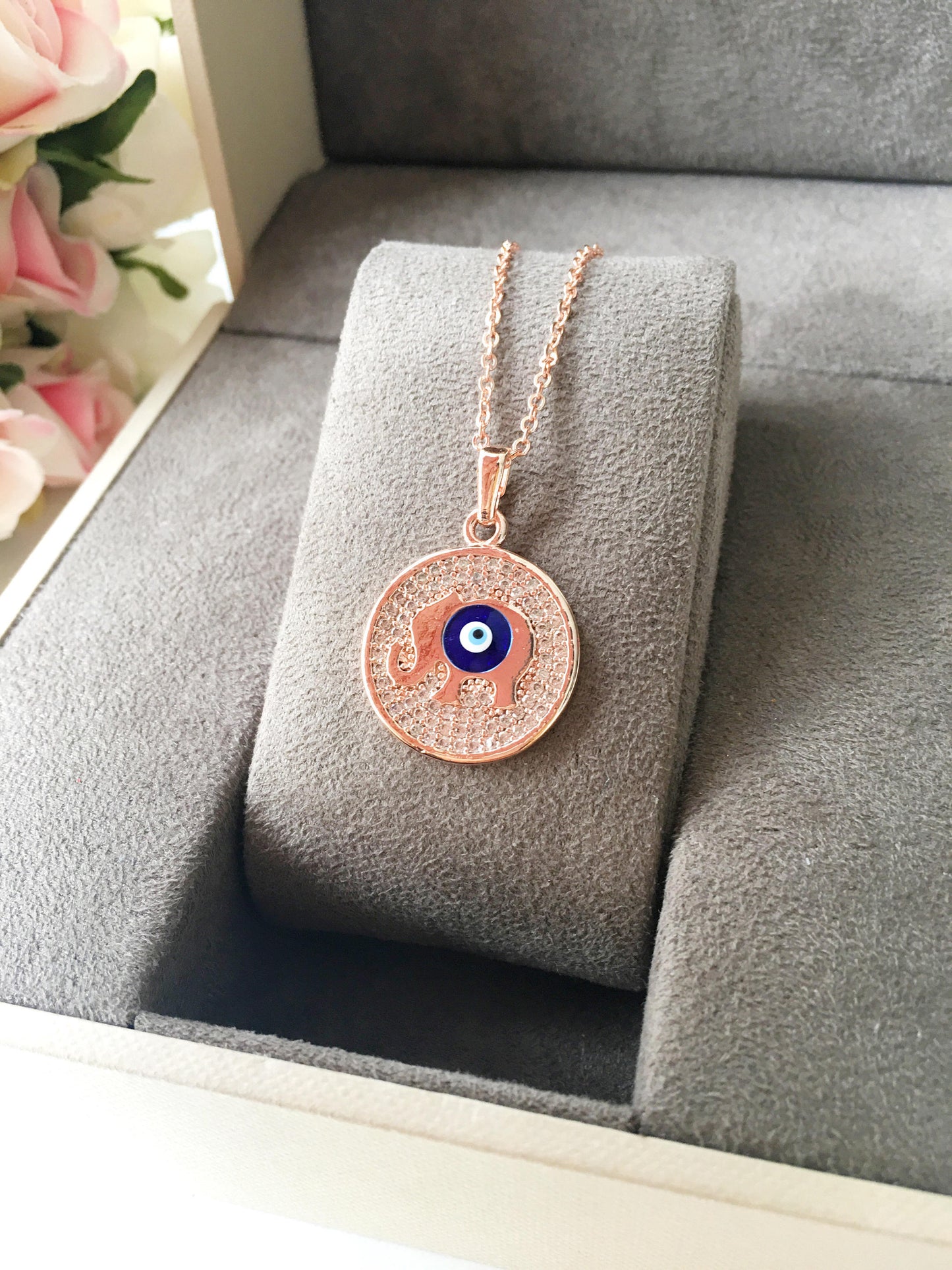 Zircon Evil Eye Necklace with Elephant, Lucky Necklace