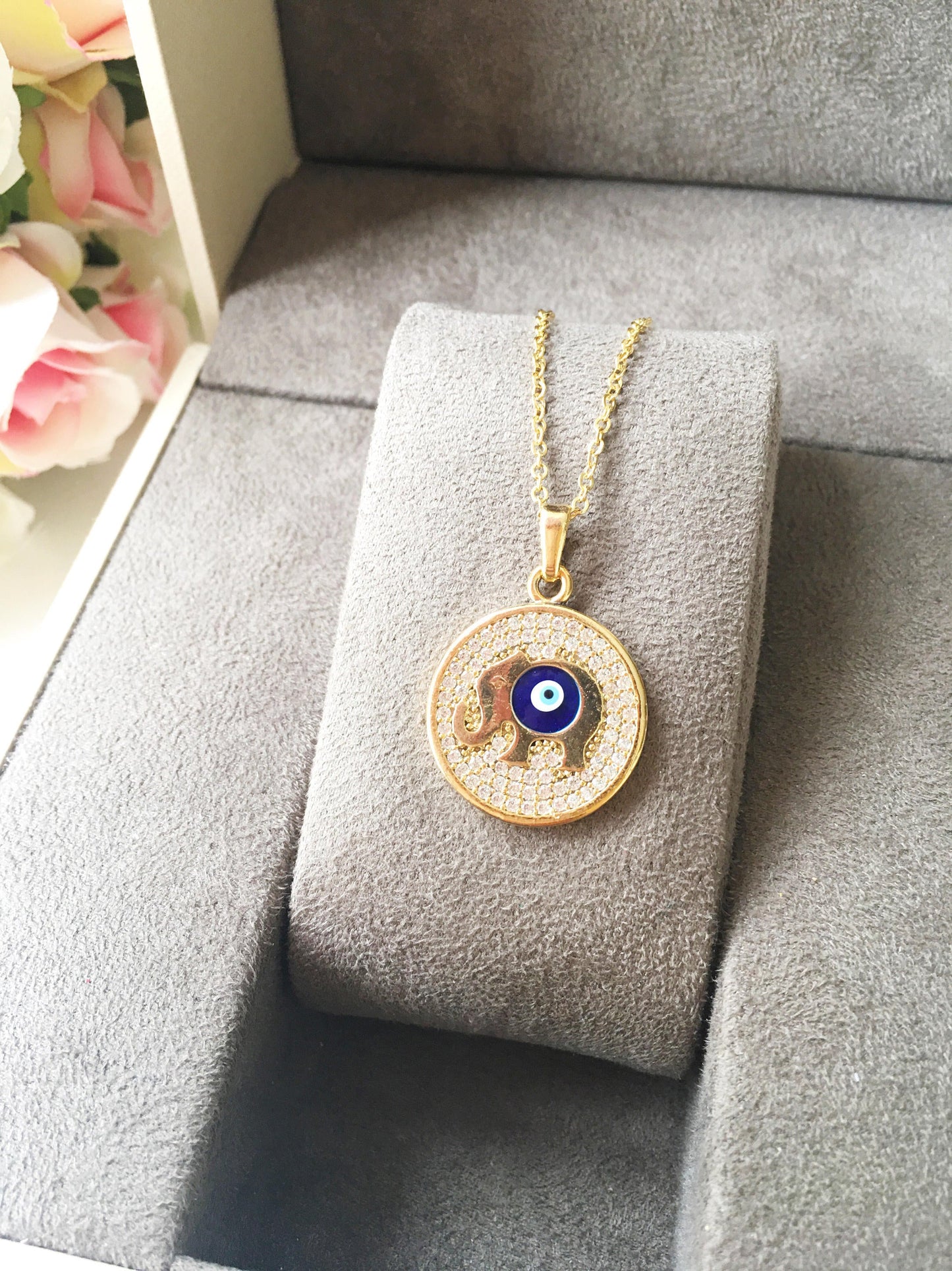 Zircon Evil Eye Necklace with Elephant, Lucky Necklace